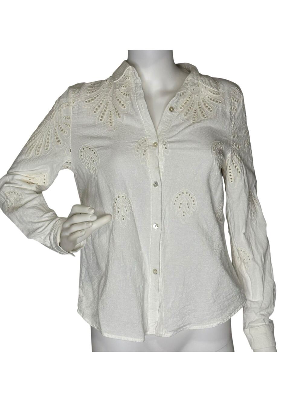 Women's Button Up Blouse Embroidered Eyelet Cotton White Ivory Sz S